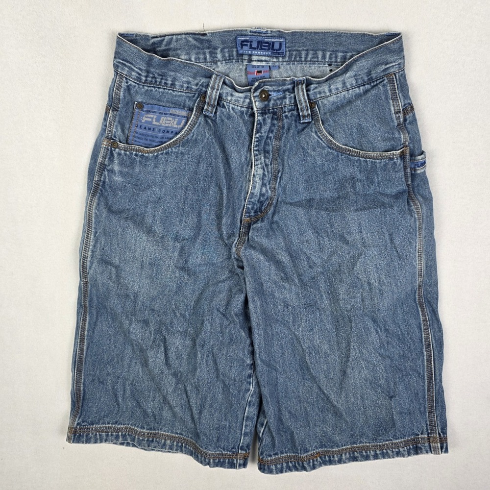 Vintage Y2k Fubu Shorts Mens 32 Blue Denim Jorts Skater Grunge Spellout